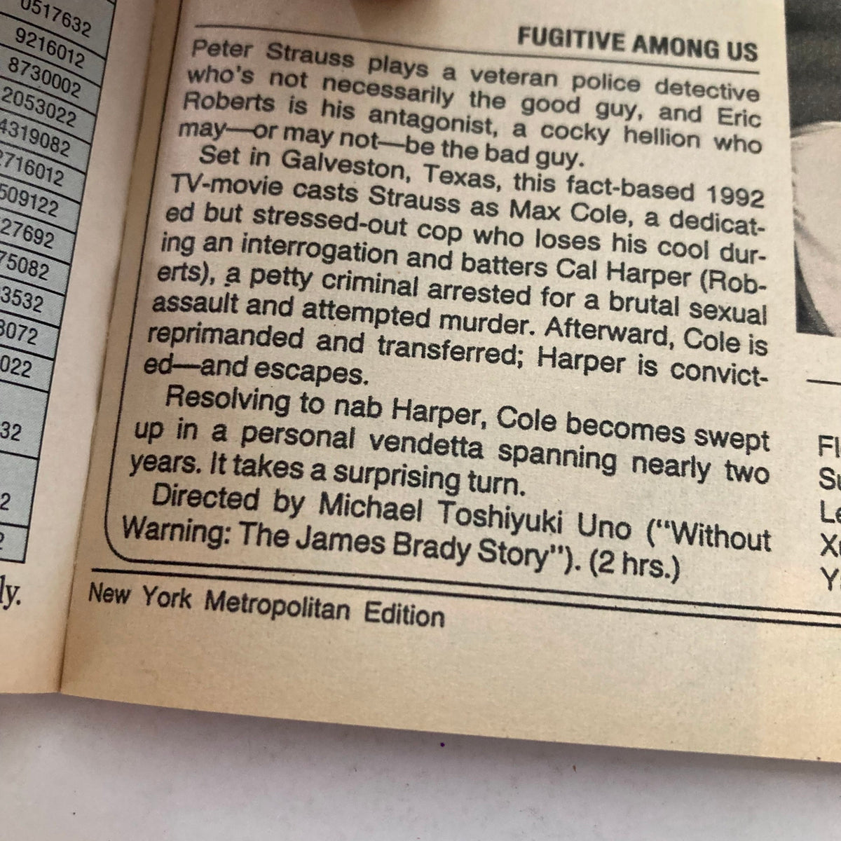 Inside page of the TV Guide Magazine from February 1, 1992, featuring an article about the TV movie 'Fugitive Among Us', illustrating the early 90s television landscape and programming details.