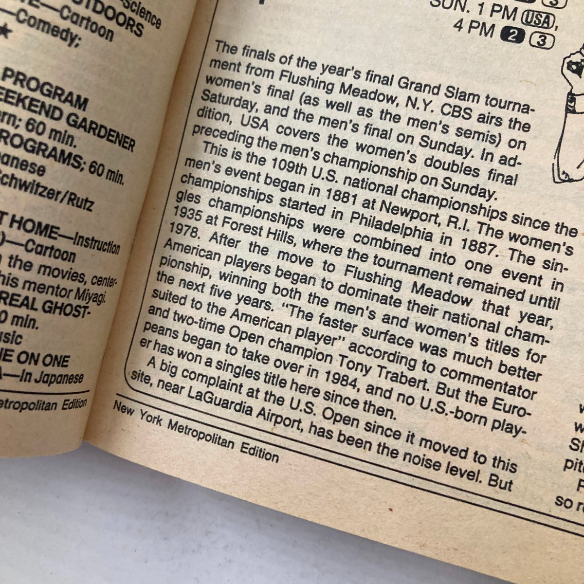 Inside page of TV Guide Magazine September 9 1989 Fall Preview Special NY Metro Ed, displaying an article about the U.S. Open tennis championships, reflecting the pop culture of the time.