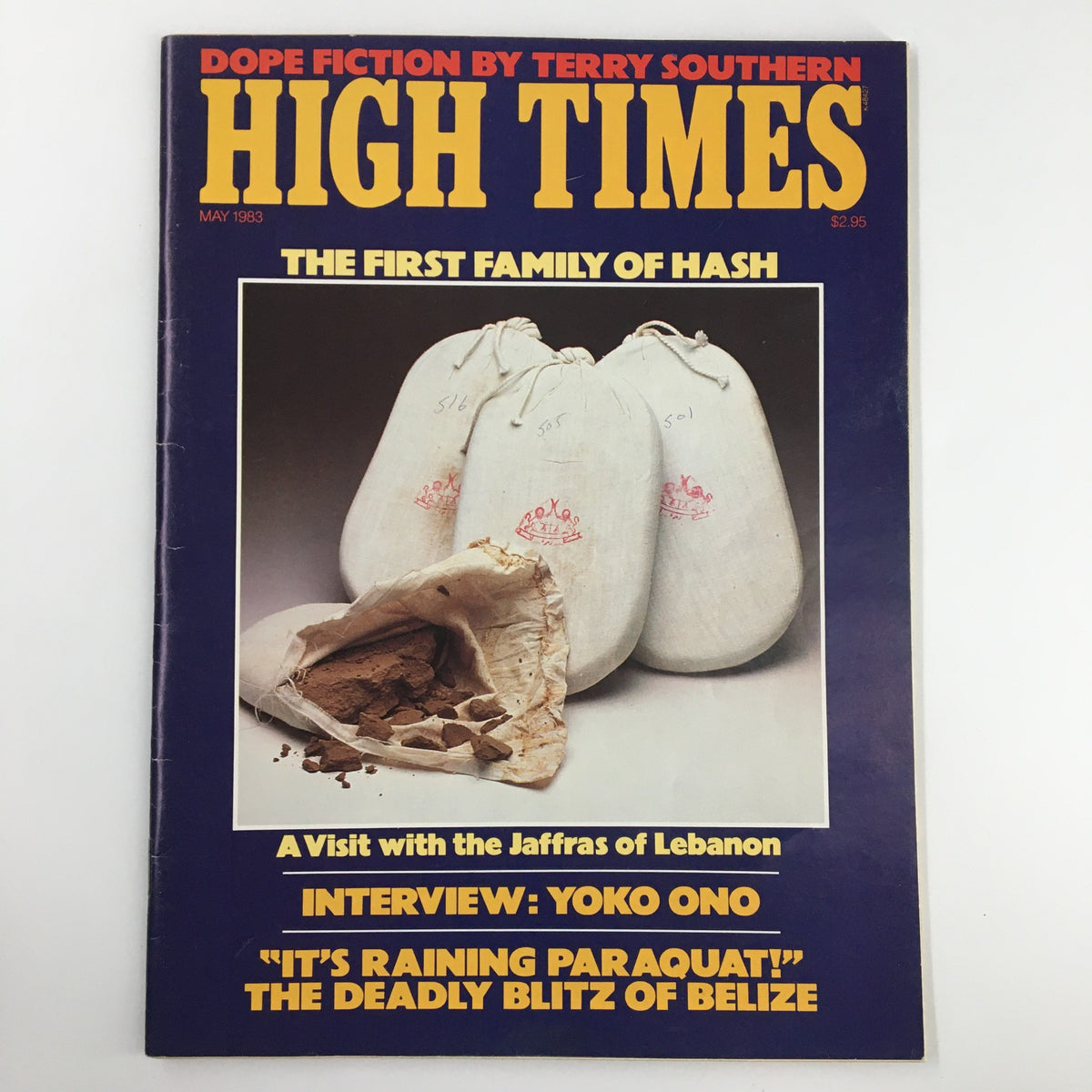 Cover of VTG High Times Magazine May 1983 featuring the title 'The First Family of Hash' with images of hashish bags, reflecting the cultural significance of cannabis during the 1980s.