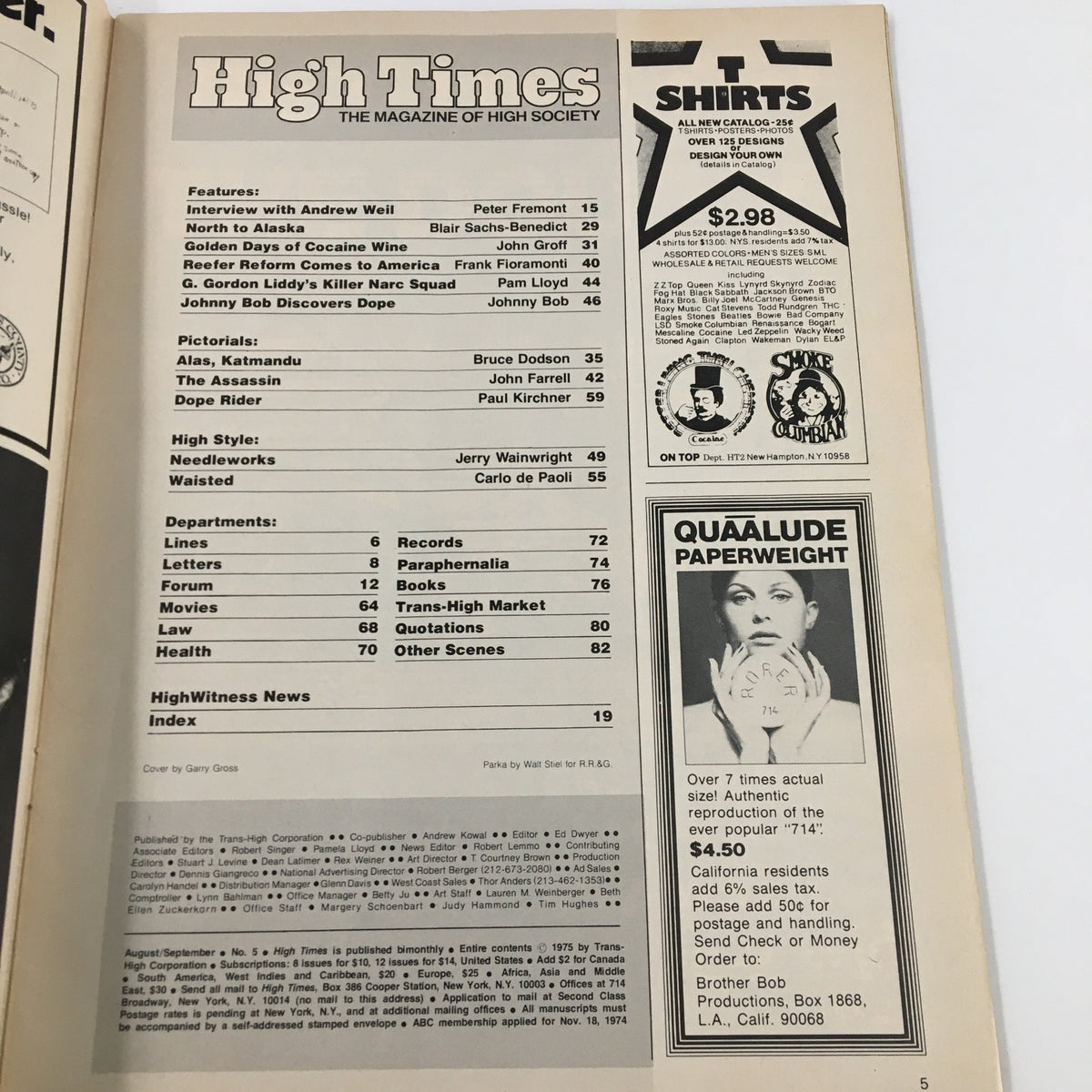 Interior page of VTG High Times Magazine August 1975 showing the contents list, including interviews and features about cannabis culture.