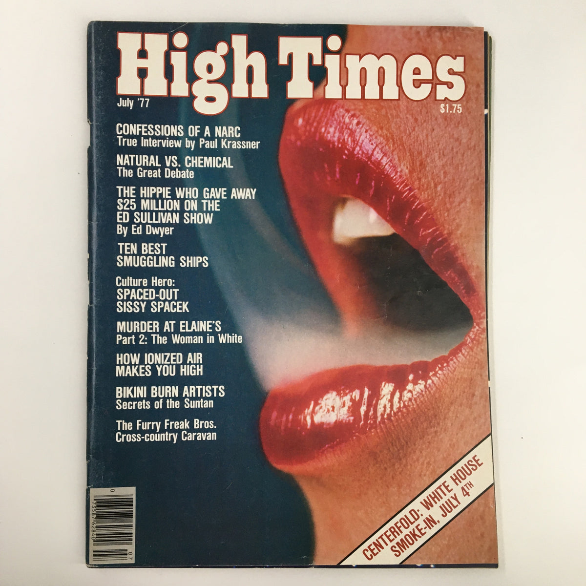 Cover of VTG High Times Magazine July 1977 featuring the article 'Natural vs Chemical – The Great Debate' with a close-up image of red lips.