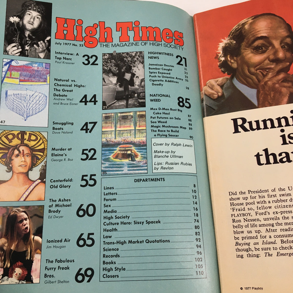 Contents page of VTG High Times Magazine July 1977 highlighting articles including 'Natural vs Chemical: The Great Debate' and features on cannabis culture.
