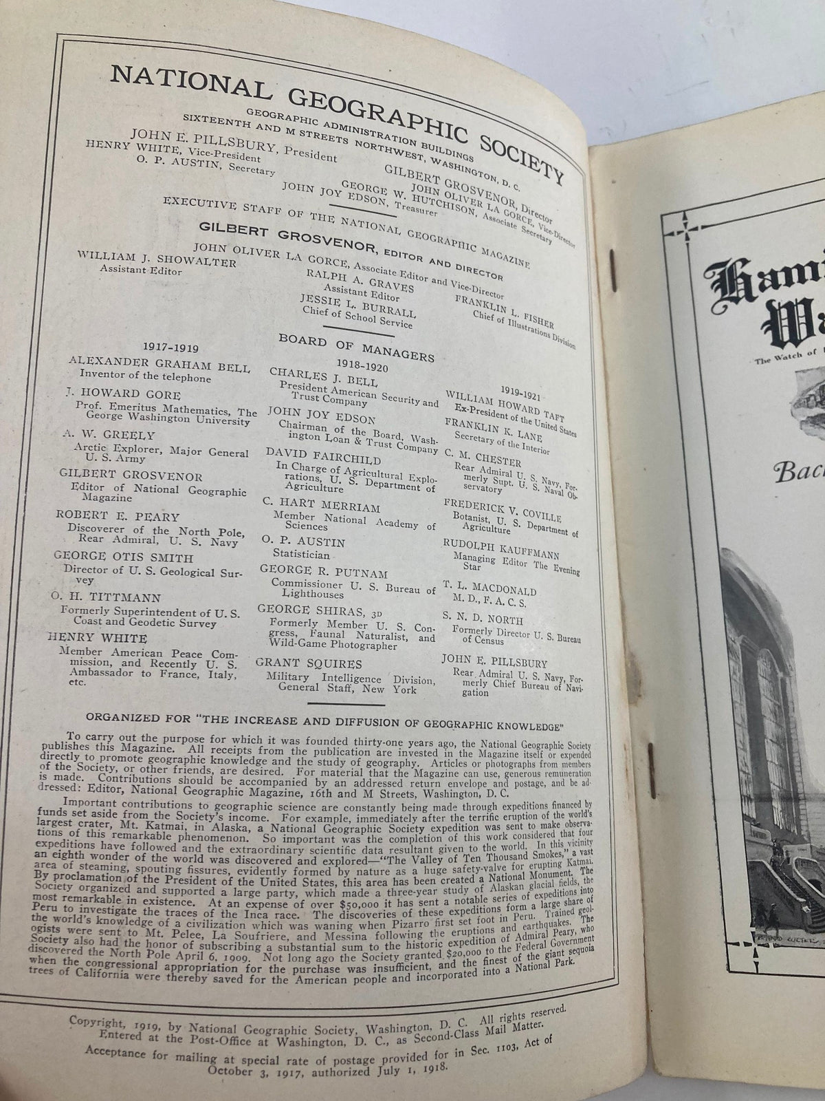 Inside page of the vintage National Geographic Magazine from September 1919, detailing the National Geographic Society's board of managers and organizational structure.