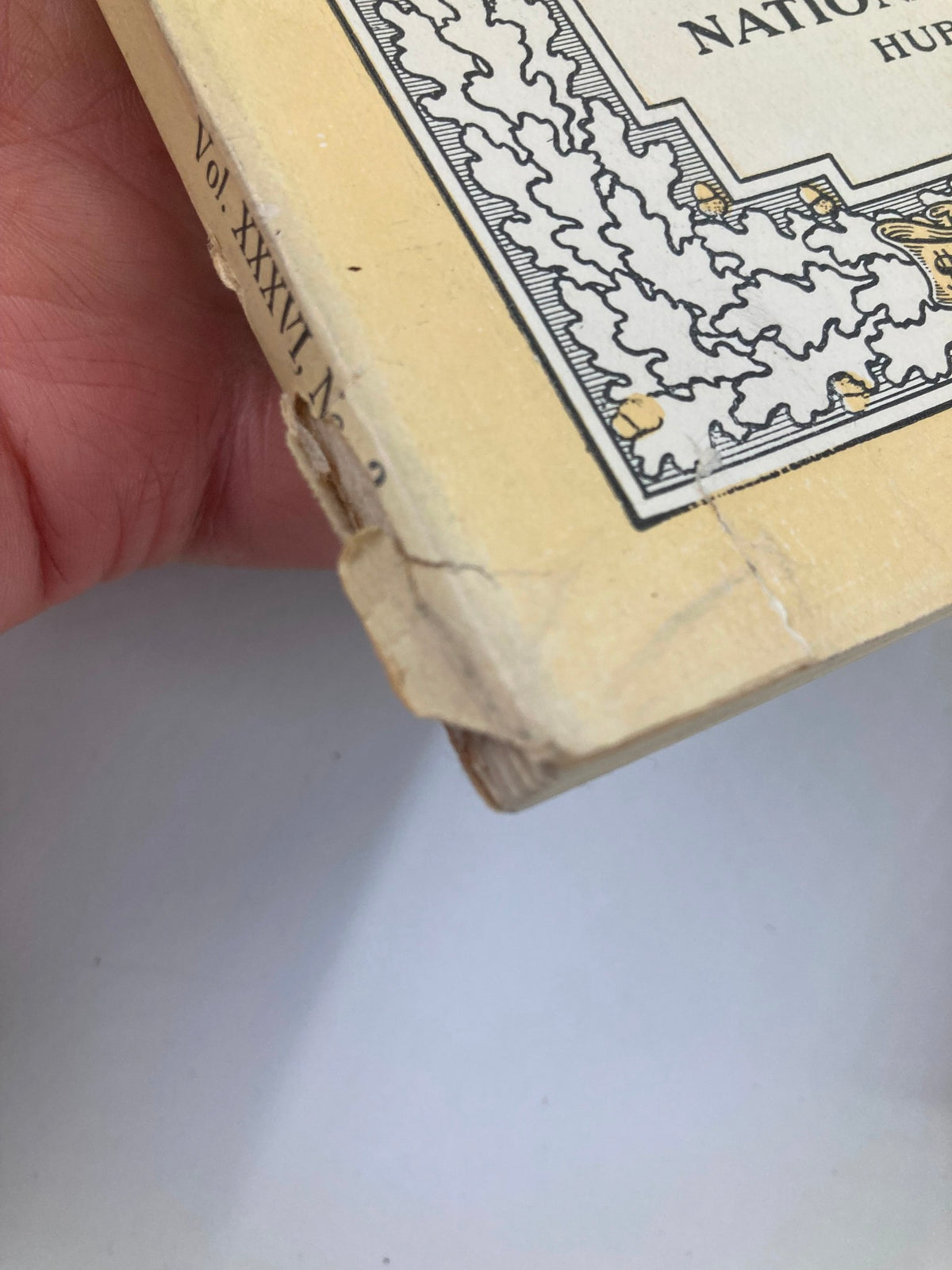 Close-up view of the vintage National Geographic Magazine from September 1919, highlighting creases and wear on the binding, showcasing its historical value.