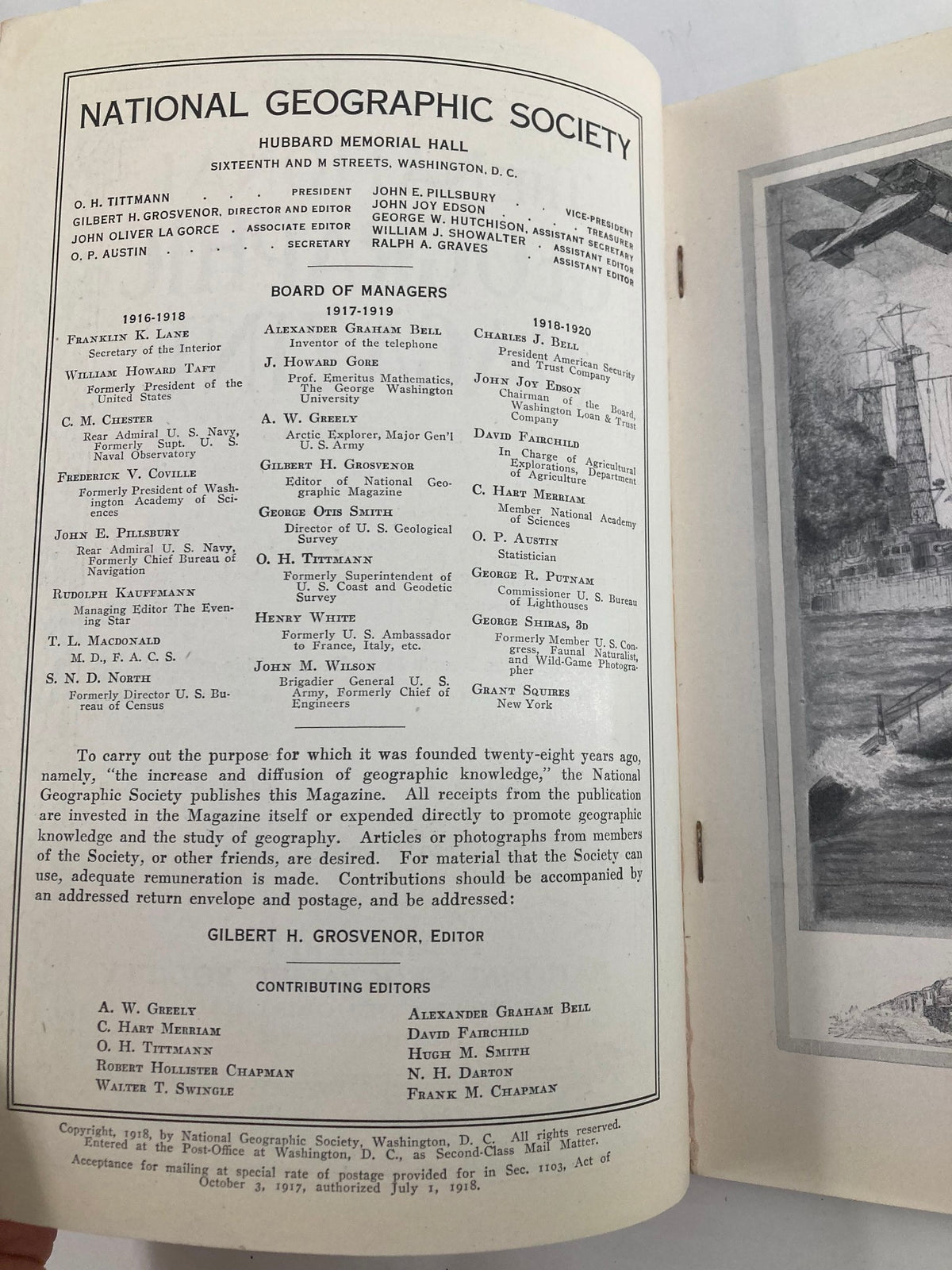 Inside page of VTG The National Geographic Magazine September 1918 displaying the board of managers and editorial team, capturing the historical context of the magazine.