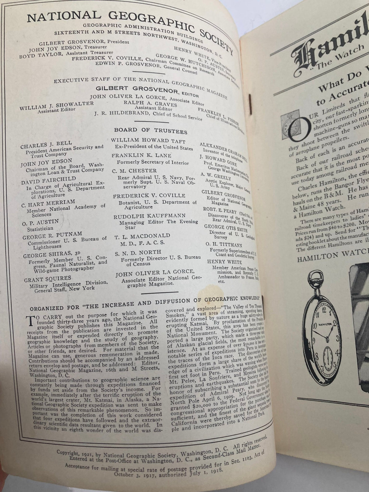 Interior page of The National Geographic Magazine March 1921 with contents and editorial team details.