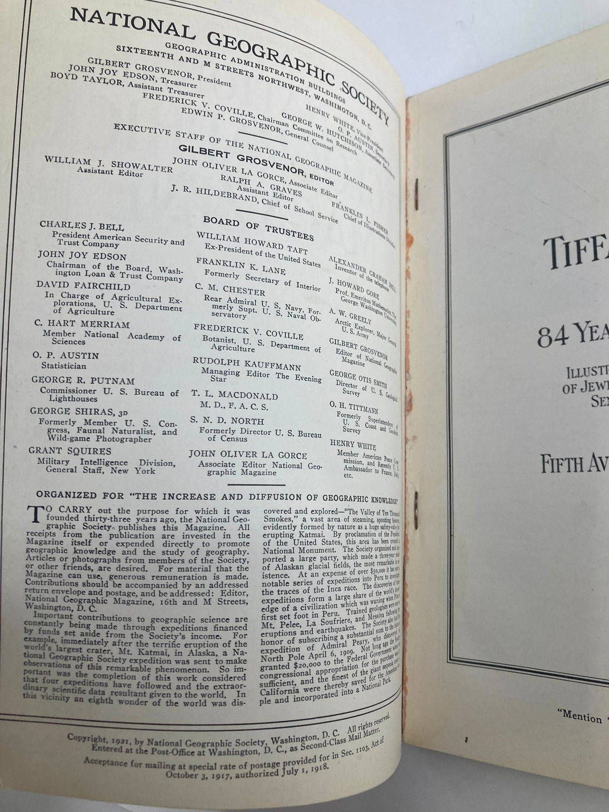 Inside page of VTG The National Geographic Magazine June 1921, displaying editorial details and contributor information from the National Geographic Society.