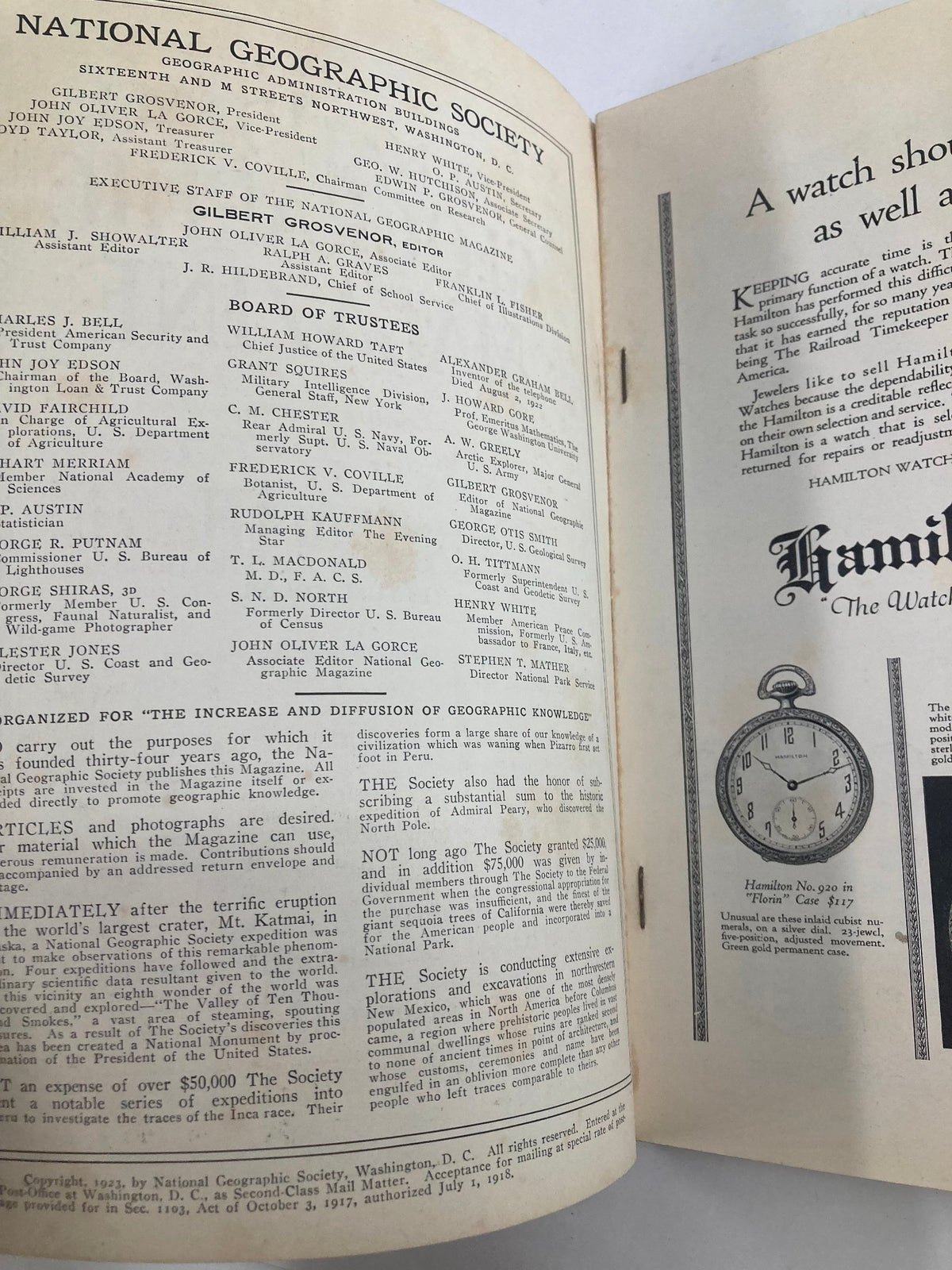 Inside page of VTG The National Geographic Magazine January 1923, featuring an article and related advertisements, showcasing early 20th century design.