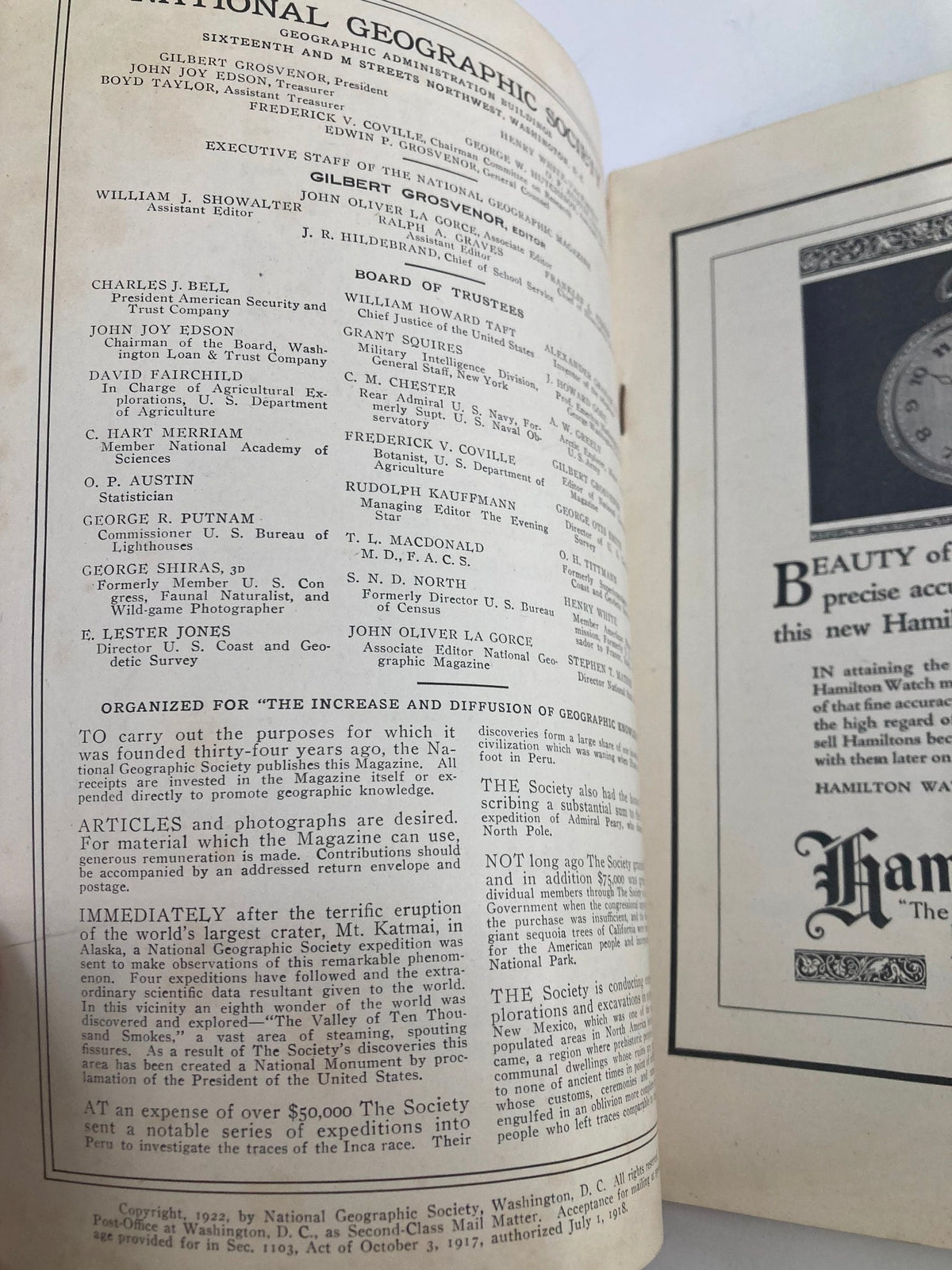 Inside page of VTG The National Geographic Magazine September 1922 with details about the National Geographic Society and its board of trustees.