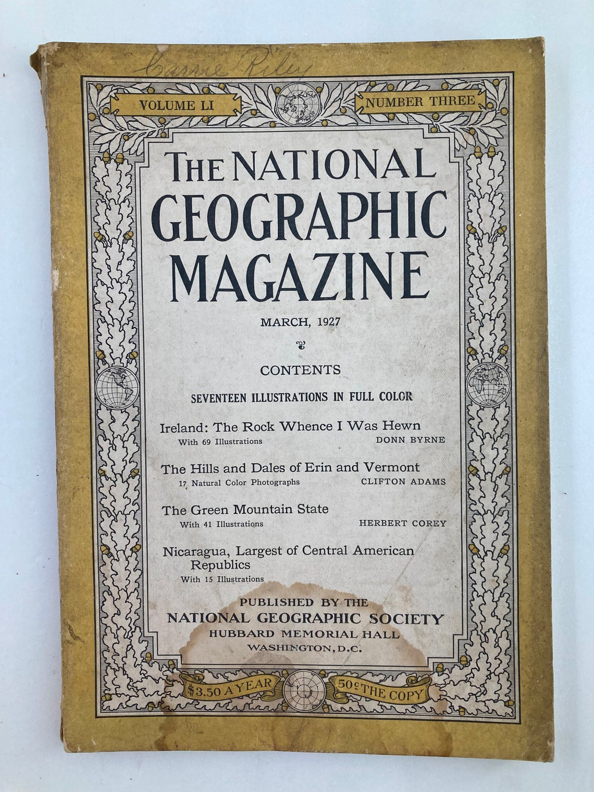 Cover page of VTG The National Geographic Magazine March 1927 featuring content highlights and illustrations.