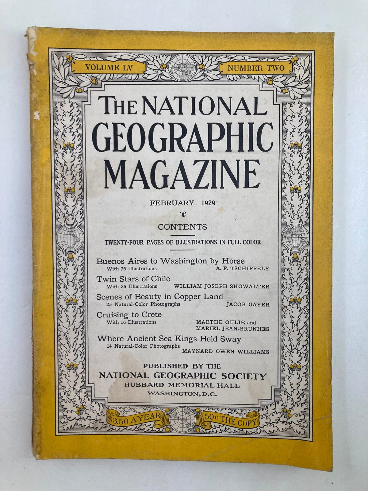 Cover of VTG The National Geographic Magazine February 1929 featuring the story 'Twin Stars of Chile', showcasing vintage illustrations and contents.