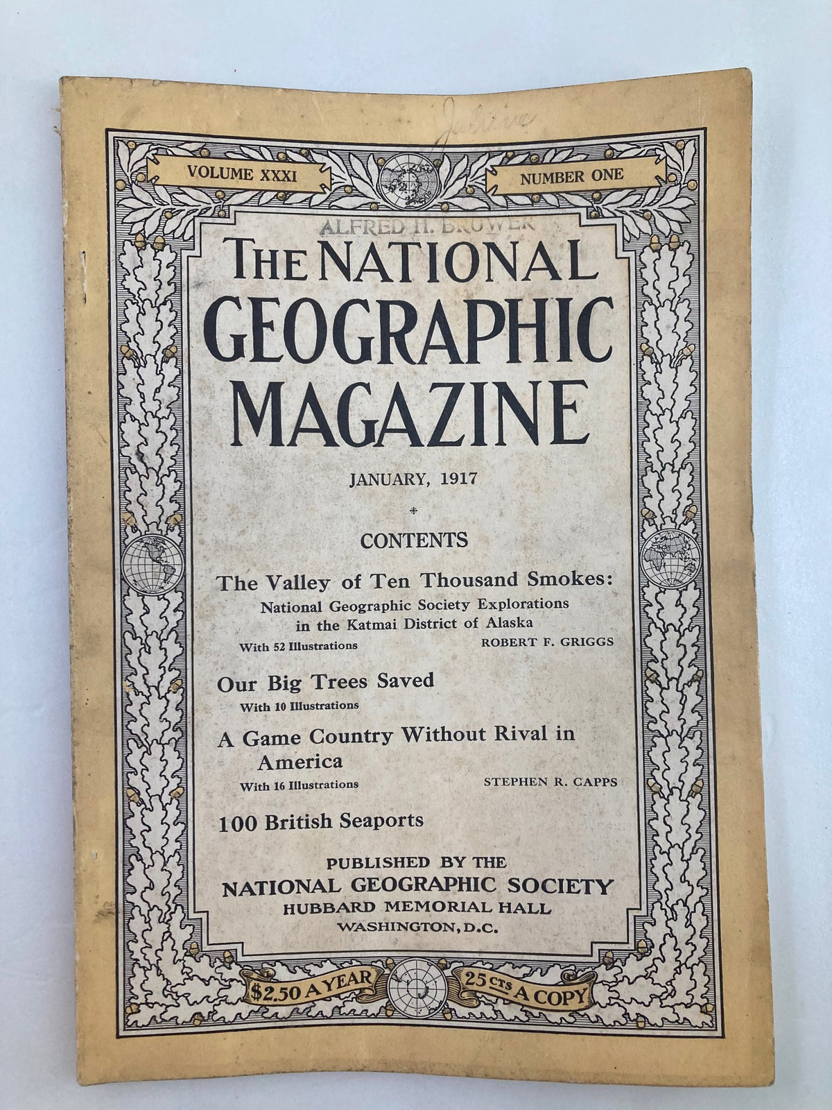 Cover of the National Geographic Magazine from January 1917, featuring articles including 'The Valley of Ten Thousand Smokes' and '100 British Seaports.' This vintage magazine captures historical significance with illustrations and highlights from the early 20th century.