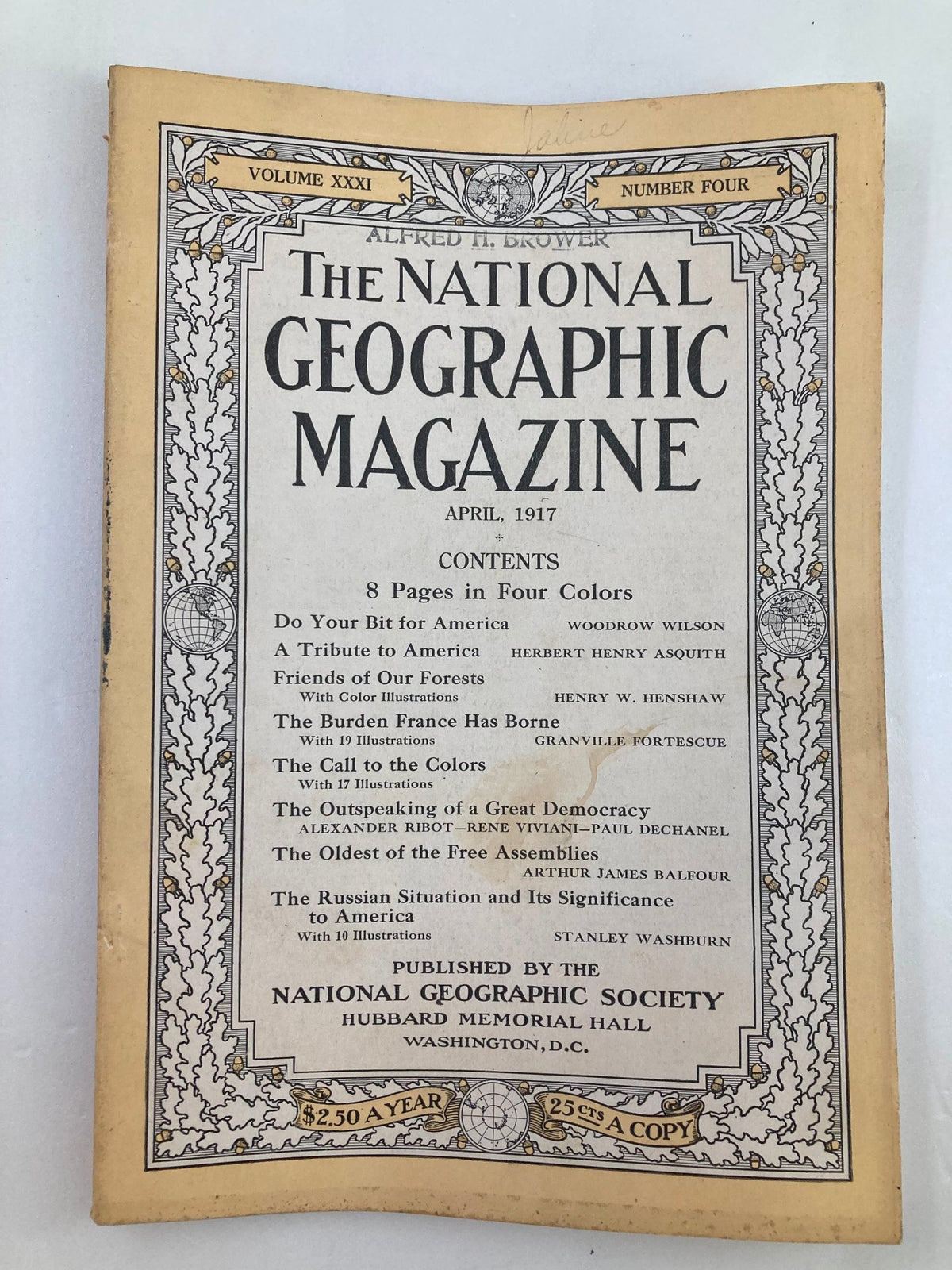Cover of the VTG The National Geographic Magazine from April 1917, showcasing the title and contents relating to American history.