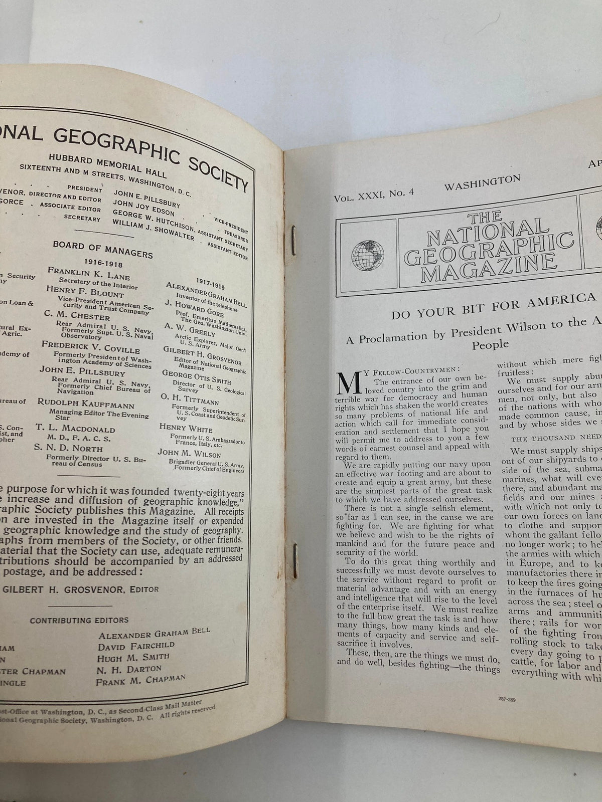 Inside page of VTG The National Geographic Magazine April 1917 showing an article with a proclamation by President Wilson and the editorial team of the National Geographic Society.