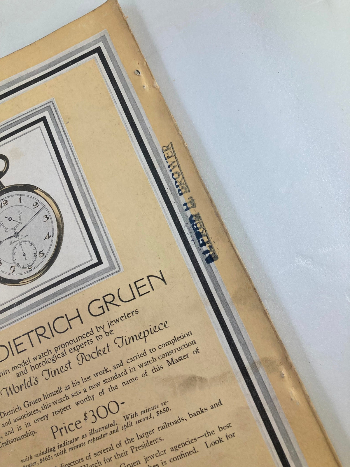 Close-up of the Dietrich Gruen advertisement in VTG The National Geographic Magazine April 1917, highlighting the craftsmanship and details of the watch along with a stamped address.
