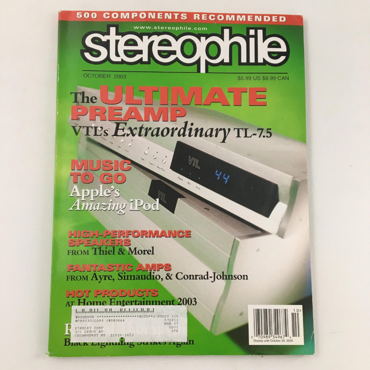 Cover of Stereophile Magazine, October 2003 featuring 'The Ultimate Preamp' and 'High-Performance Speakers' with a sleek audio device on display.