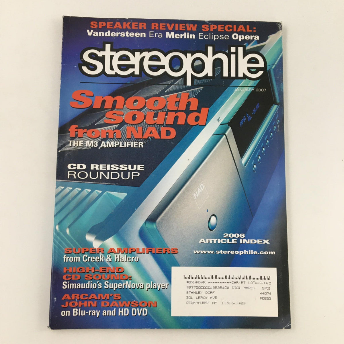 Cover of Stereophile Magazine January 2007 featuring a speaker review of the NAD The M3 Amplifier, showcasing audio technology advancements and high-fidelity sound.