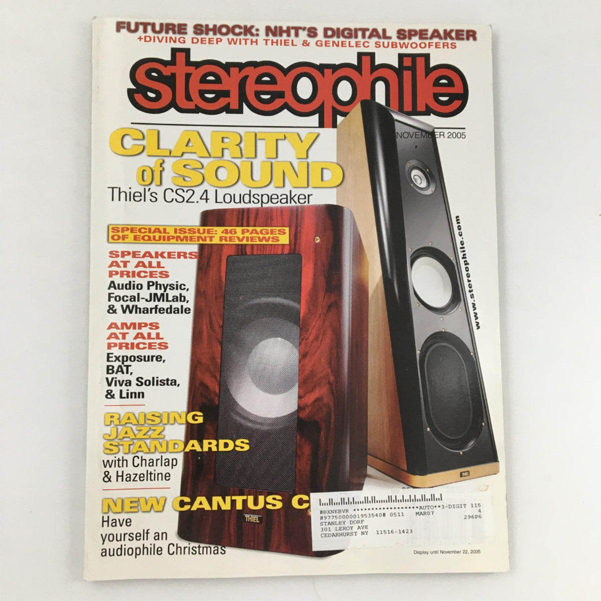 Cover of Stereophile Magazine from November 2005 featuring an in-depth review of Thiel's CS2.4 Loudspeaker, showcasing high-fidelity audio equipment and advancements from Focal-JMLab, making it a collectible item for audio enthusiasts.