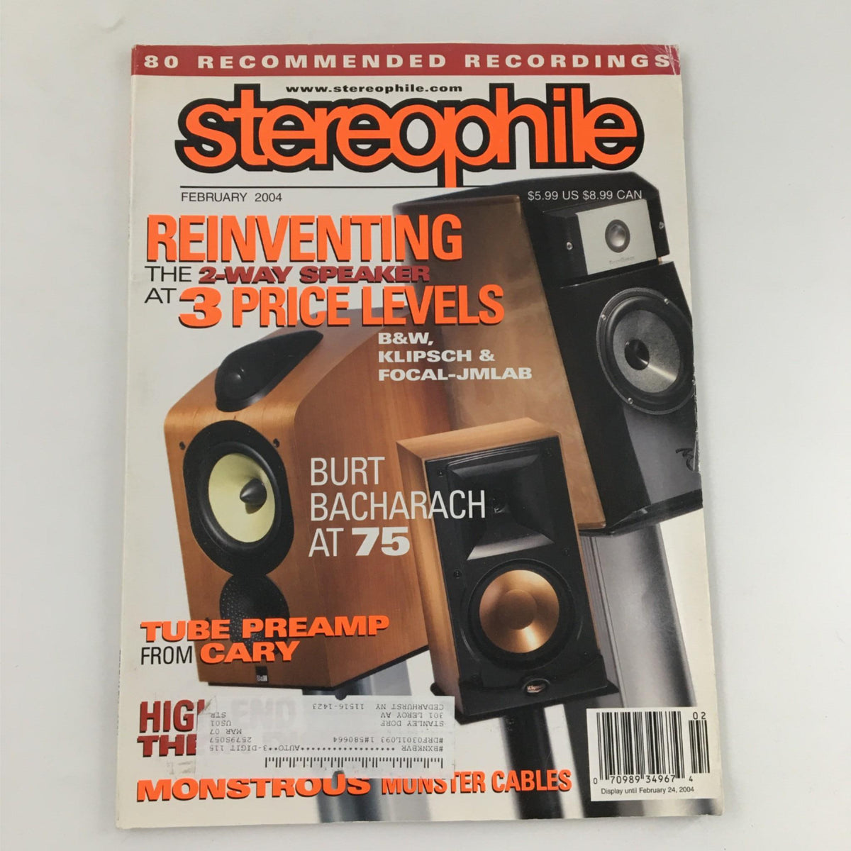 Cover of Stereophile Magazine February 2004 featuring Burt Bacharach at 75, showcasing Bowers & Wilkins, Klipsch, and Focal-JMLAB audio products.