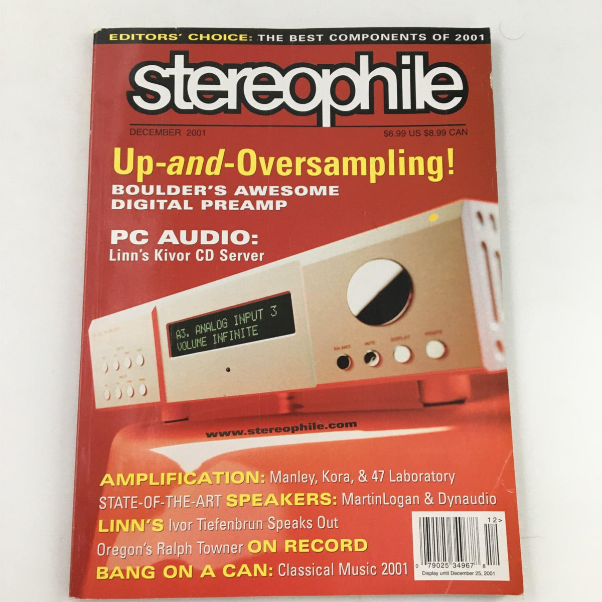 Cover of Stereophile Magazine December 2001 featuring the title 'Linn's Kivor CD Server' and showcasing articles on audio technology including Boulder digital preamp and amplifier recommendations.