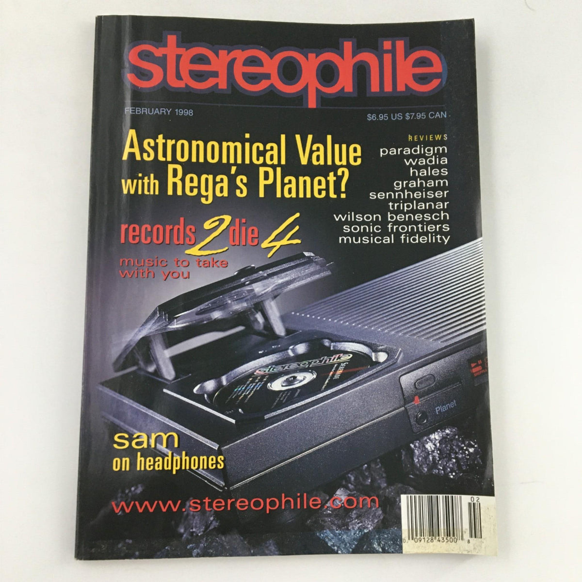 Cover of Stereophile Magazine February 1998 featuring the Rega Planet with the headline 'Astronomical Value with Rega's Planet?' showcasing audio technology reviews and industry insights.