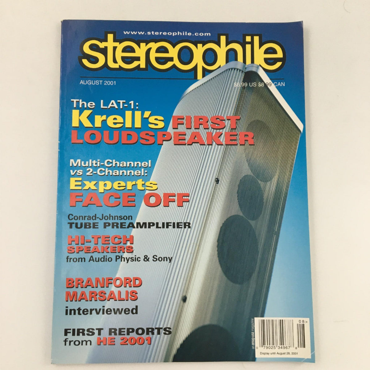 Cover of Stereophile Magazine August 2001 featuring the title 'The LAT-1: Krell's FIRST LOUDSPEAKER' showcasing a high-fidelity loudspeaker on the front page.