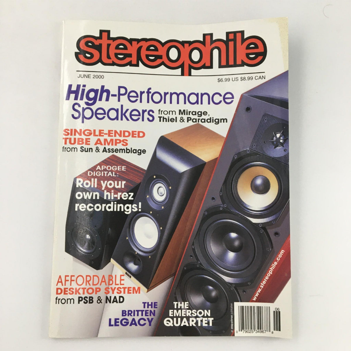 Cover of Stereophile Magazine June 2000 featuring High-Performance Speakers from Mirage, Thiel & Paradigm, and The Emerson Quartet.