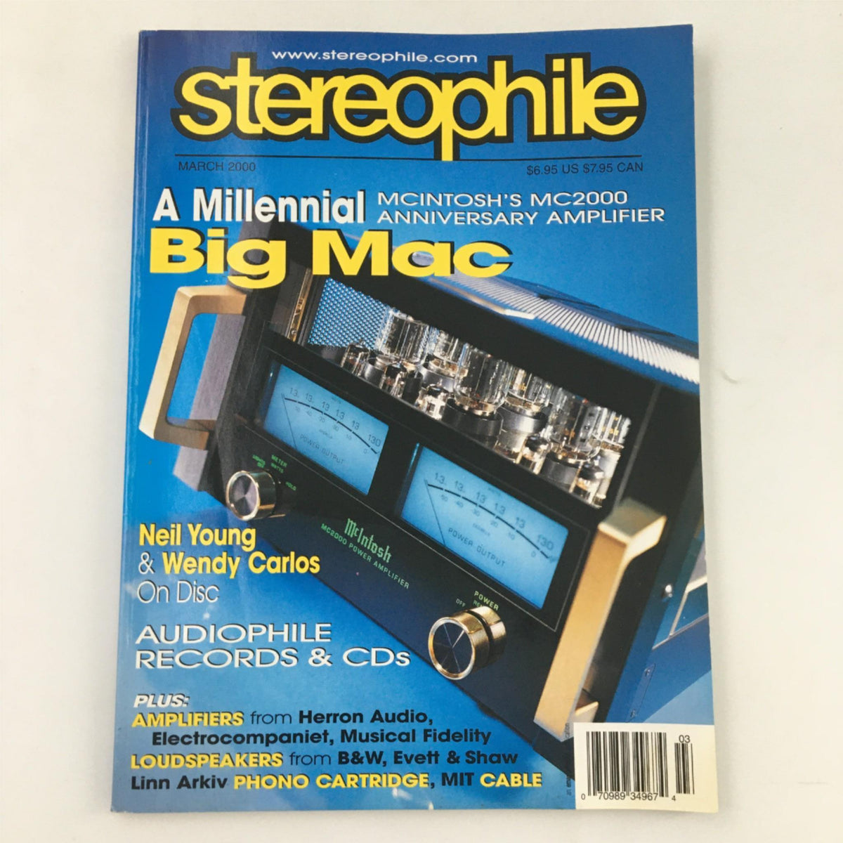 Stereophile Magazine March 2000 featuring the McIntosh MC2000 Anniversary Amplifier on the cover, highlighting audio equipment and records alongside notable artists like Neil Young and Wendy Carlos.