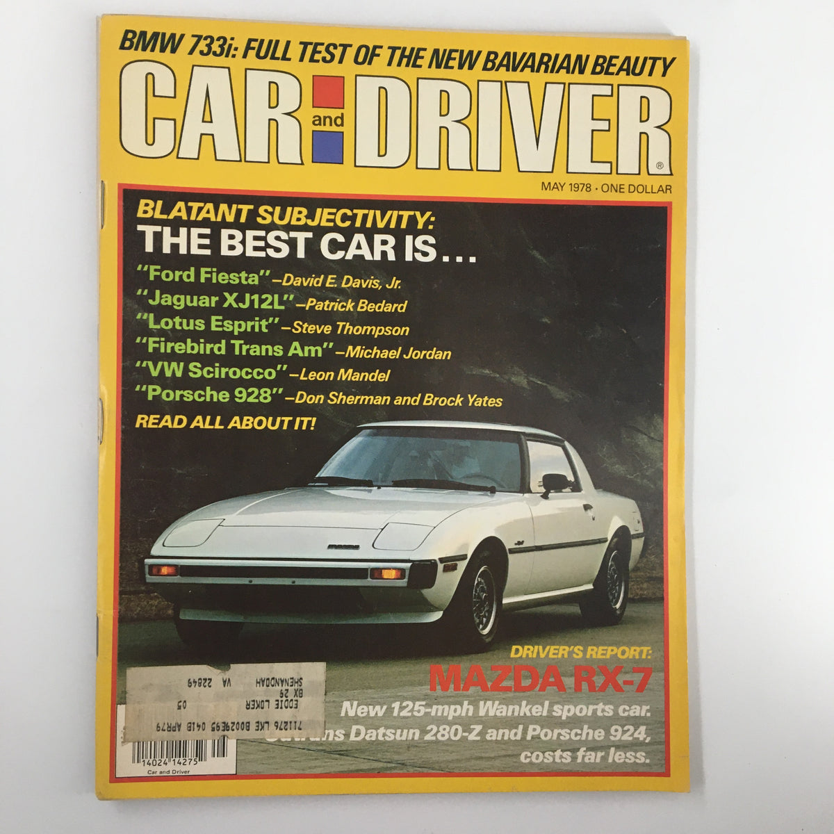 Cover of Car and Driver magazine May 1978 featuring the Mazda RX-7, with highlighted articles and automotive graphics.