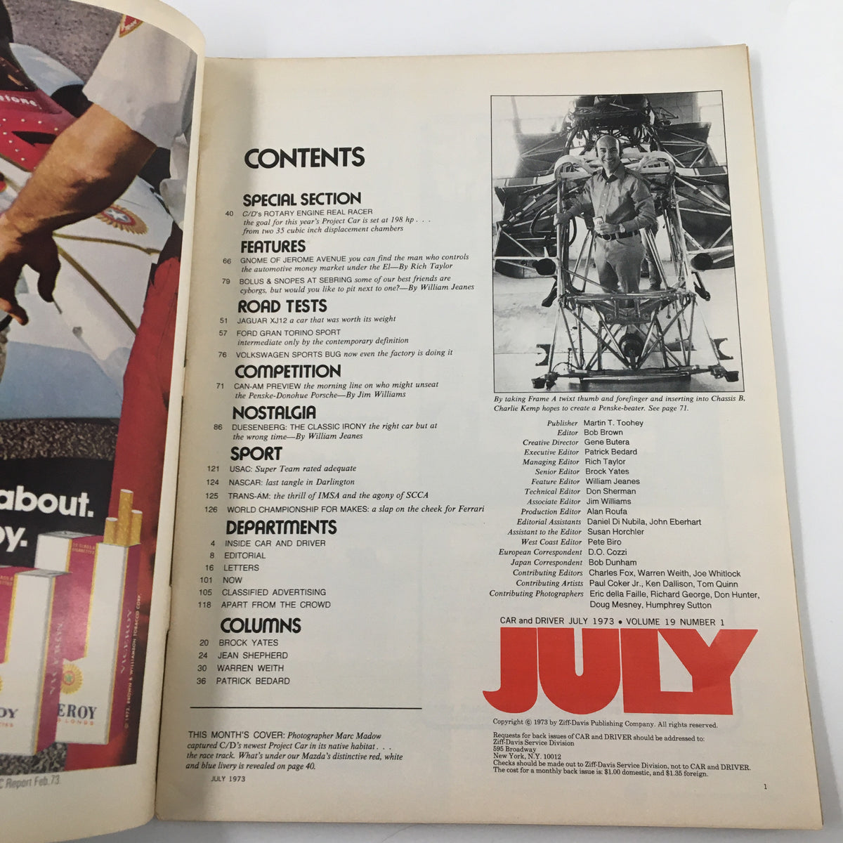 Contents page of the July 1973 Car and Driver magazine, detailing features and sections including 'Project Vankel,' capturing automotive topics from the era.