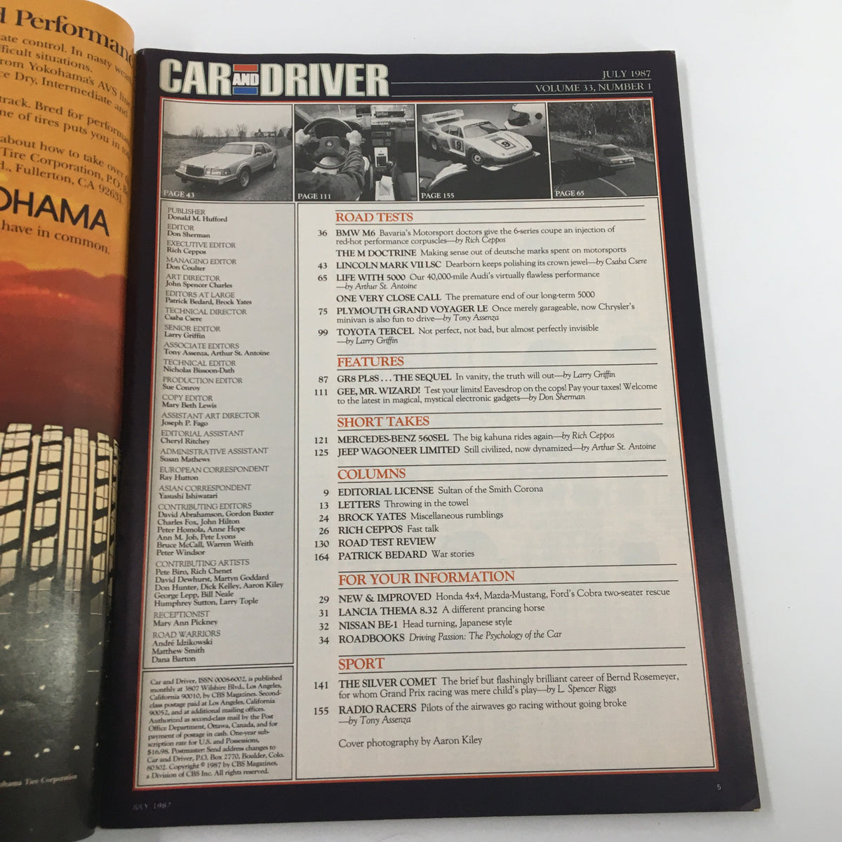 Inside page of Car and Driver Magazine, July 1987, showcasing the table of contents with headings on various automotive topics, including tests on Plymouth Grand Voyager.
