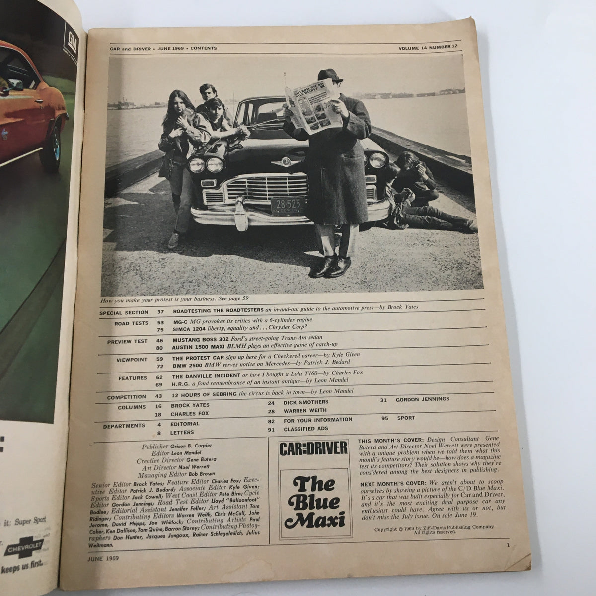 Contents page of Car and Driver Magazine, June 1969 edition, showcasing various features and articles including road tests and automotive industry insights.