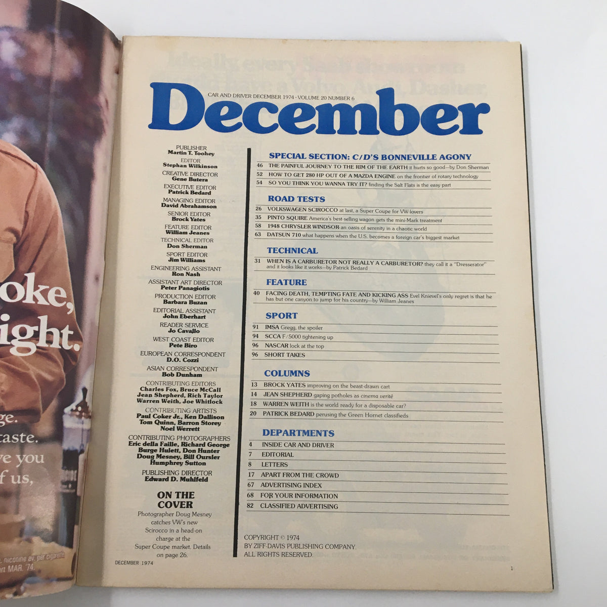 Inside page of Car and Driver Magazine, December 1974, with table of contents highlighting key articles including features on Volkswagen Scirocco.