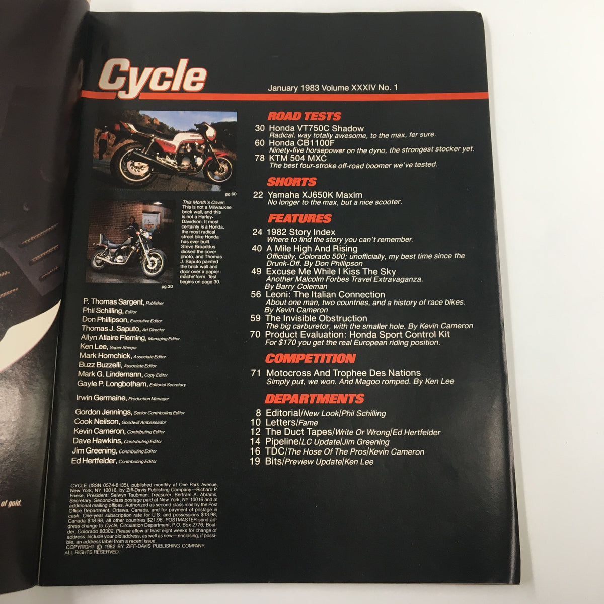 Interior page of Cycle Magazine January 1983 showcasing content list and features, including Honda VT750C, motorcycle tests, and articles related to motorcycle culture.