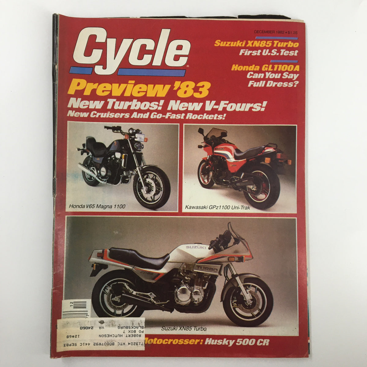 Cover of the December 1982 issue of Cycle Magazine featuring the Suzuki XN85 Turbo, showcasing a detailed preview of new motorcycle models including Honda V65 Magna 1100, Kawasaki GP21100 Uni-Trak, and the Suzuki XN85 Turbo which marked its first U.S. test.
