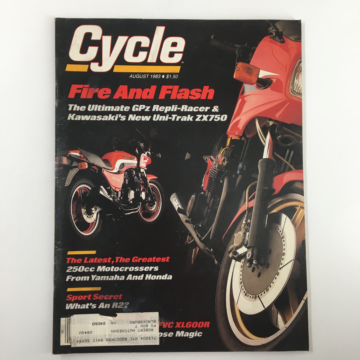 Cover of Cycle Magazine from August 1983 featuring the GPz Repli-Racer and Kawasaki Uni-Trak ZXV750, highlighting motorcycle innovations and culture of the 1980s.