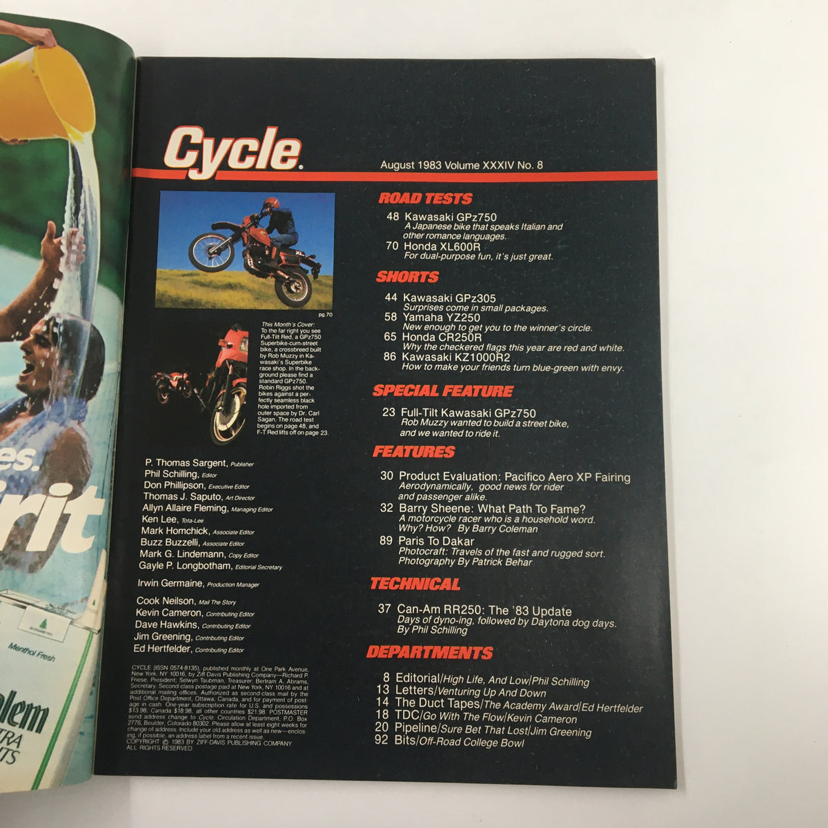 Cycle Magazine August 1983 featuring the GPz Repli-Racer and Kawasaki Uni-Trak ZXV750, showcasing road tests, short features, and editorials from motorcycle culture.