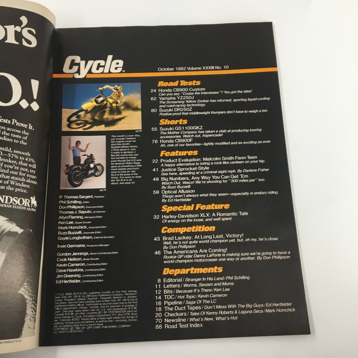 Cycle Magazine October 1982 page featuring content about Harley-Davidson XLX and Yamaha YZ250J, including road tests, features, and special articles.