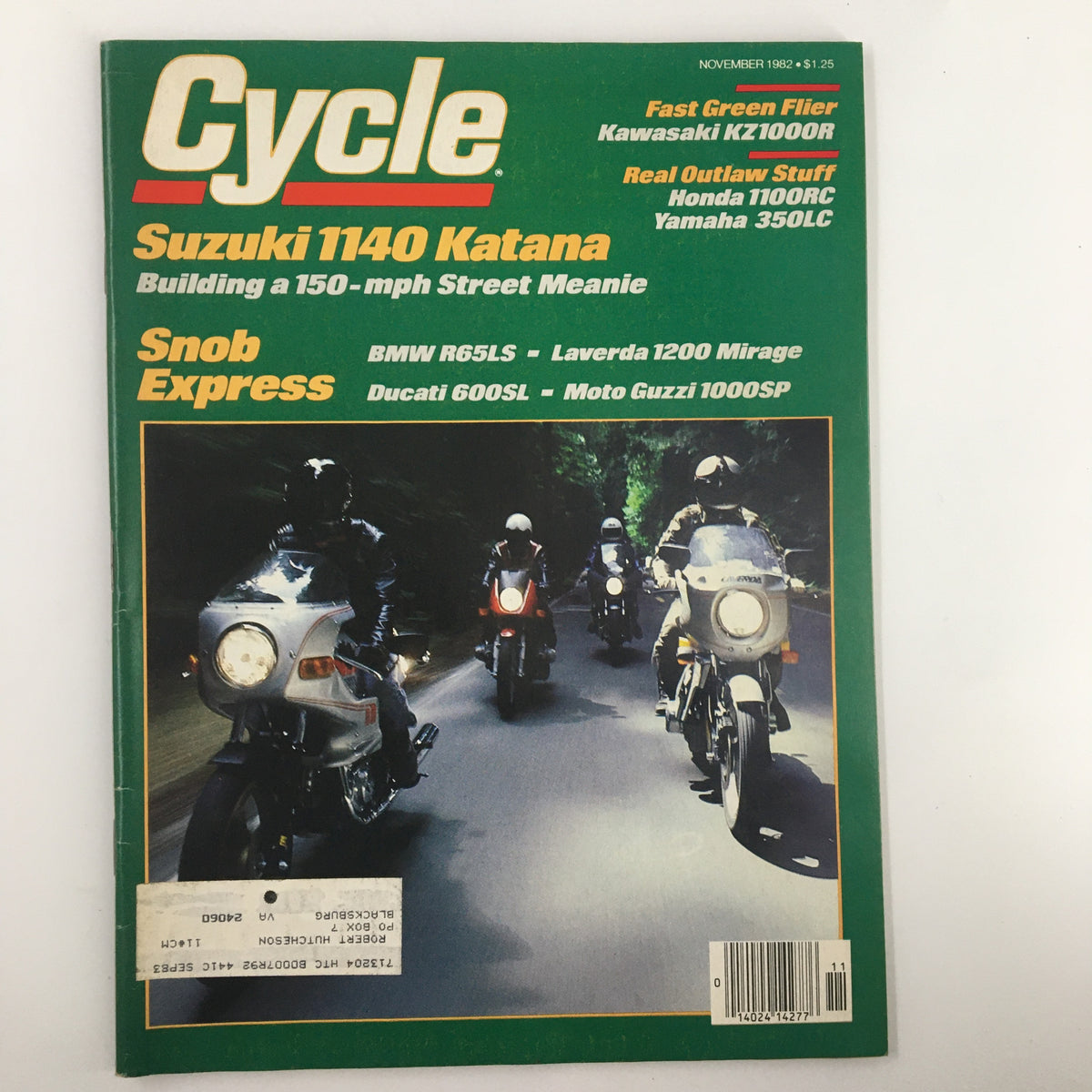 Cover of VTG Cycle Magazine November 1982 featuring the Suzuki 1140 Katana, highlighting its 150-mph speed capabilities and motorcycle culture.