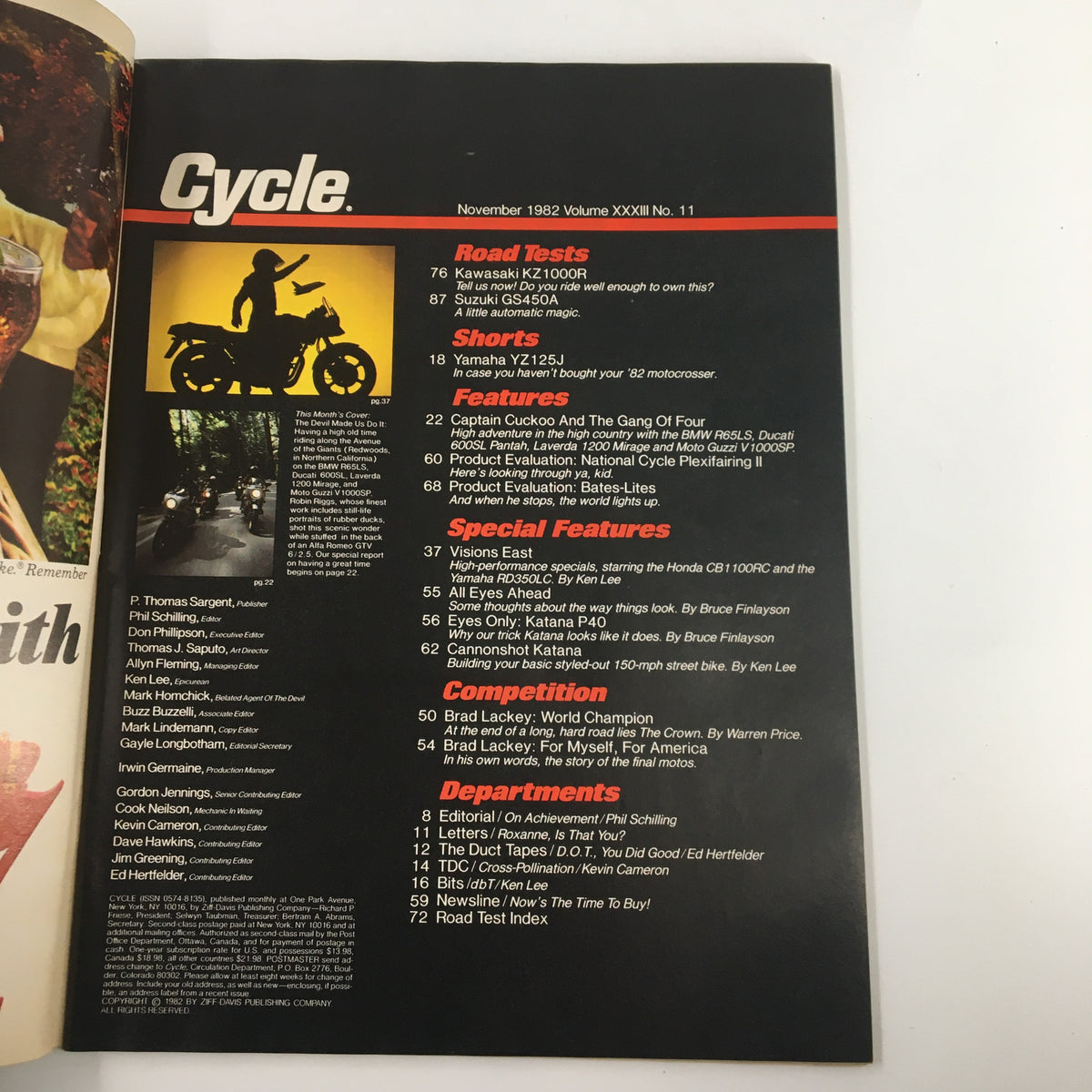 Inside page of VTG Cycle Magazine November 1982 showcasing features and articles about various motorcycles, including the Suzuki 1140 Katana.
