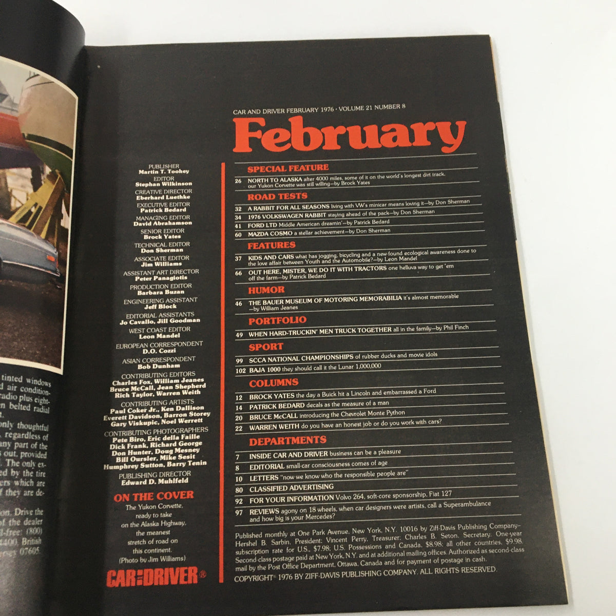 Inside page of VTG Car and Driver February 1976 magazine with the title 'February' and table of contents, highlighting features and articles related to automotive topics.