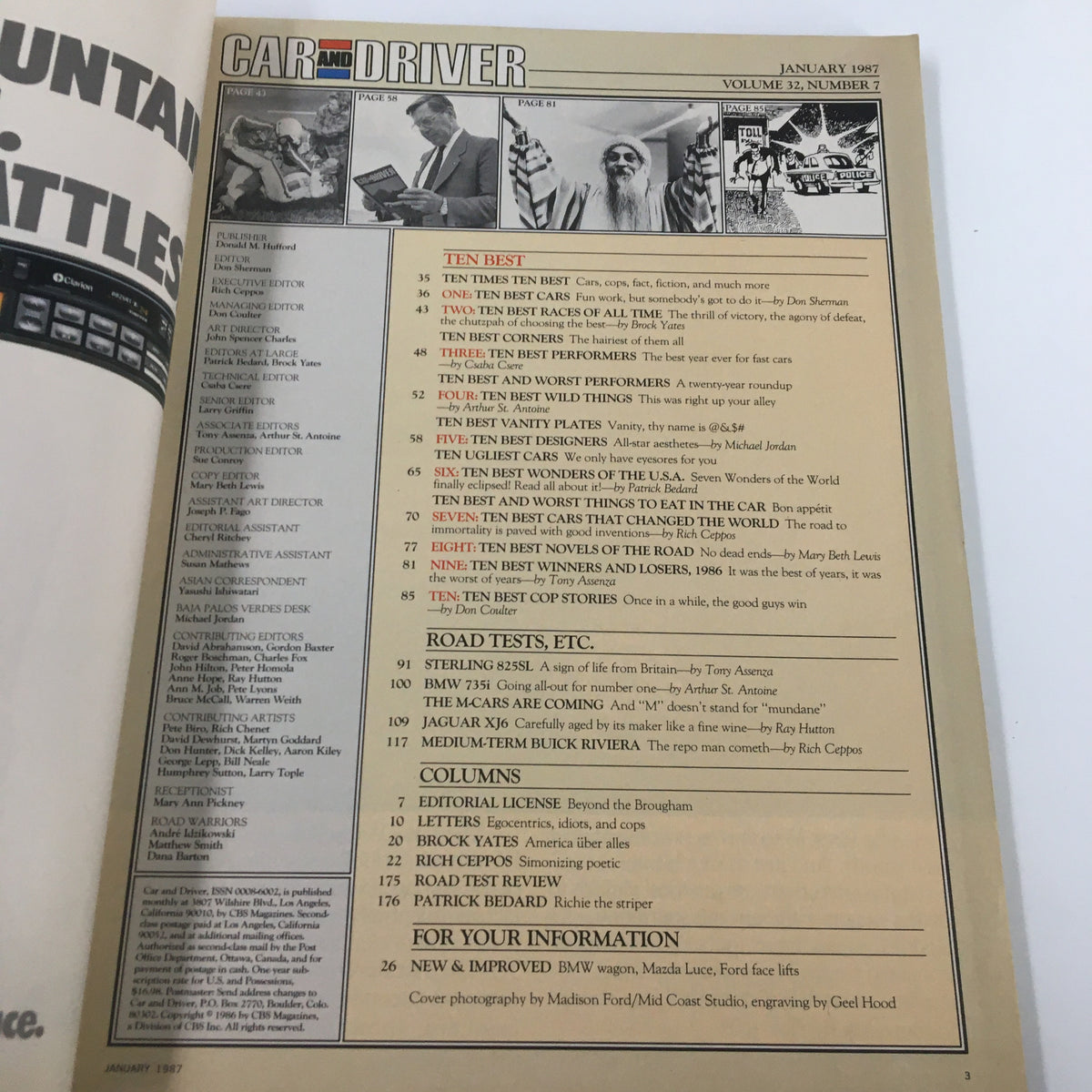 Contents page of VTG Car and Driver Magazine January 1987, showcasing sections including 'Ten Best Cars' and 'Cars That Changed the World', along with contributor details.