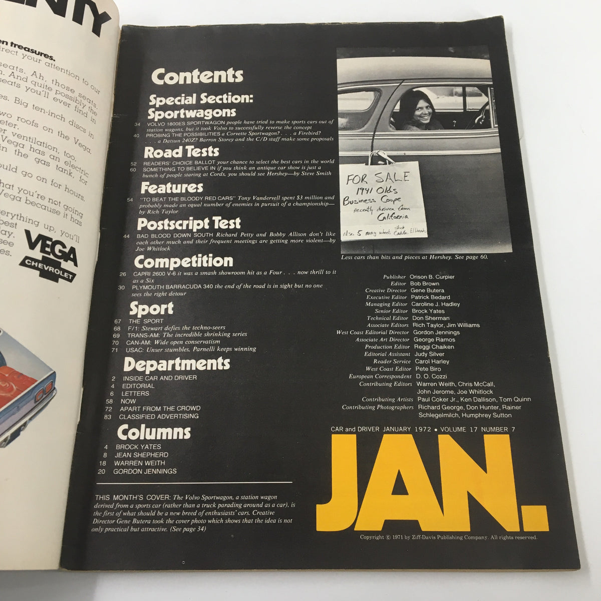 Contents page of the January 1972 issue of Car and Driver Magazine, listing features including road tests and articles on various car models and topics.