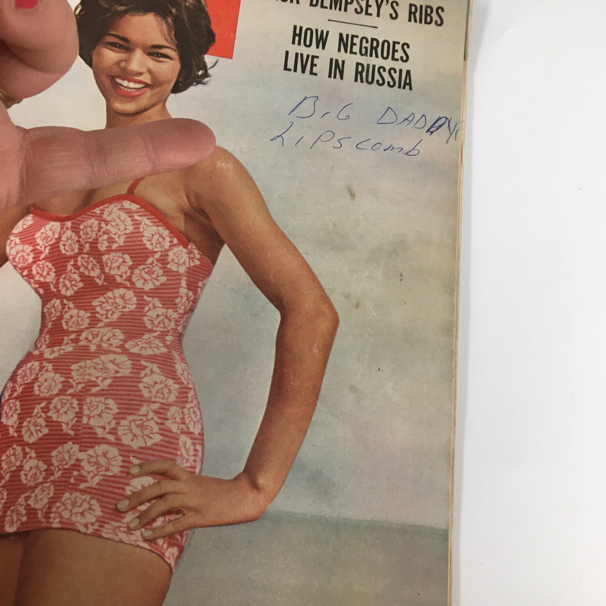 Close-up of the cover of Ebony Magazine January 1960, featuring the model and handwritten note beside her, from the article 'A Southerner Looks at Prejudice'.