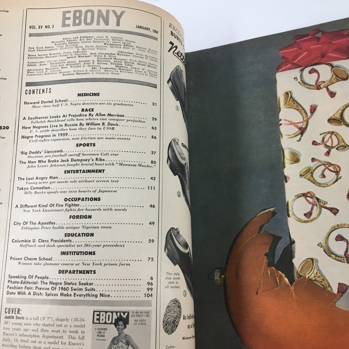 Inside page of Ebony Magazine January 1960 displaying the table of contents which includes 'A Southerner Looks at Prejudice' among other features.