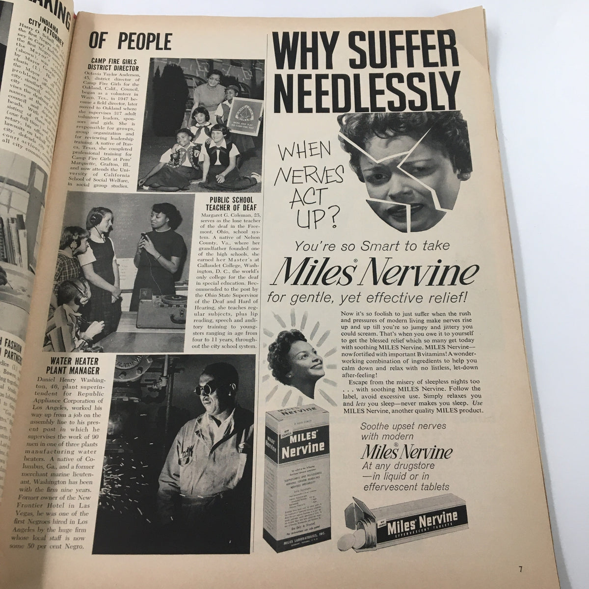 Interior page of Ebony Magazine January 1960 titled 'Why Suffer Needlessly,' featuring an advertisement for Miles Nervine.