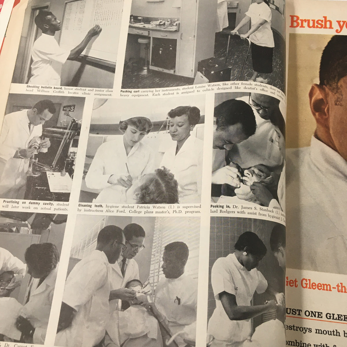 Collage of images from Ebony Magazine January 1960 depicting dental students in practice, illustrating the importance of dental care.