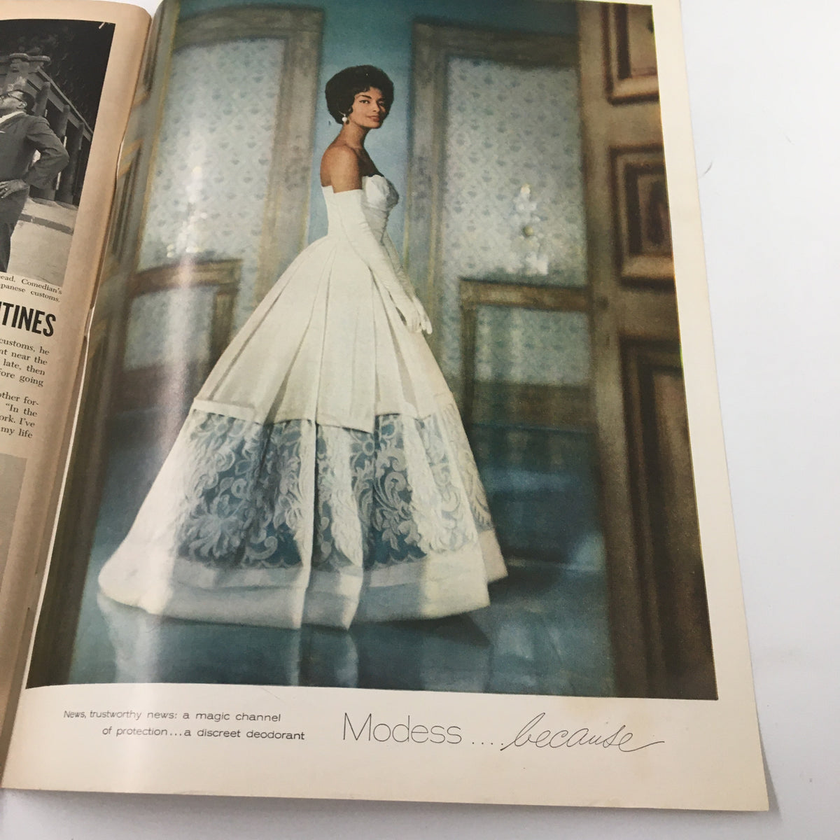 Vintage Ebony Magazine January 1960 showcasing a fashion model in an elegant white gown, emphasizing style and beauty from the 1960s. This issue includes significant cultural insights from the time.