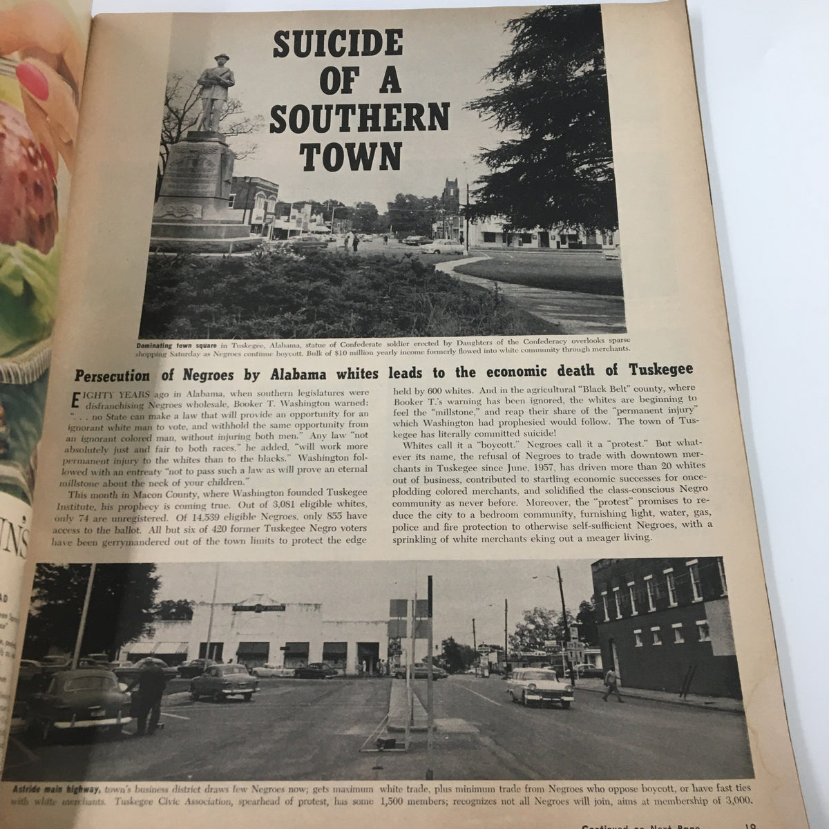 Article from VTG Ebony Magazine December 1958 titled 'Suicide of a Southern Town' discussing economic struggles faced by African-American communities, highlighting historical social issues.