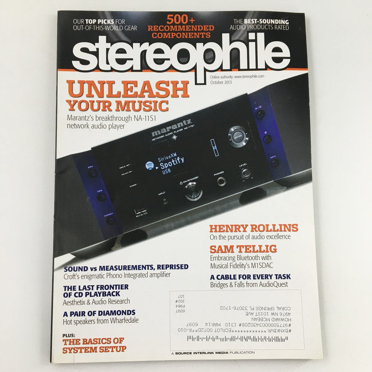Cover of Stereophile Magazine October 2013 featuring Henry Rollins and articles on audio excellence, music recommendations, and technology insights.